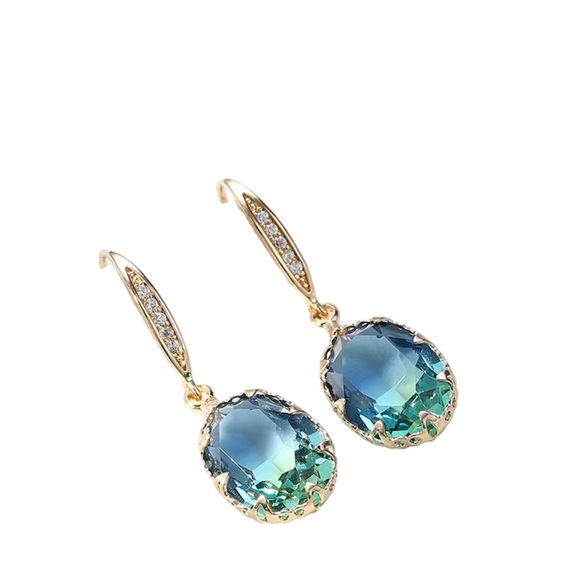 Gold with Green and Blue Ombré Stone Rhinestone Accent Drop Earrings - Picture 5 of 8
